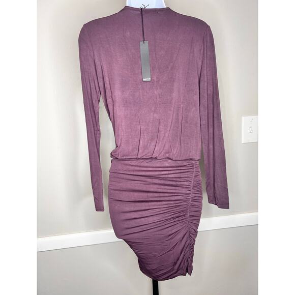 Krisa Long Sleeve Surplice V-Neck Ruched Blouson Mini Dress Plum Women's S NWT - Picture 3 of 7